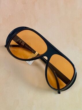Anthropologie Black Frame Oversized Aviator Sunglasses with Amber Lenses